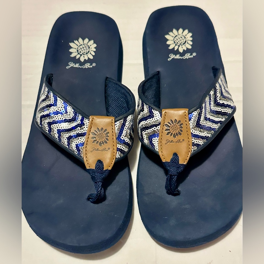 Yellow Box Blue and White Sandals , size 8